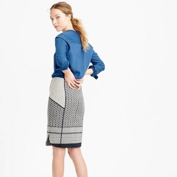 J Crew Size 00 Lux Paneled Black Cream Geometric Jacquard Pencil Skirt Cotton - Picture 12 of 13
